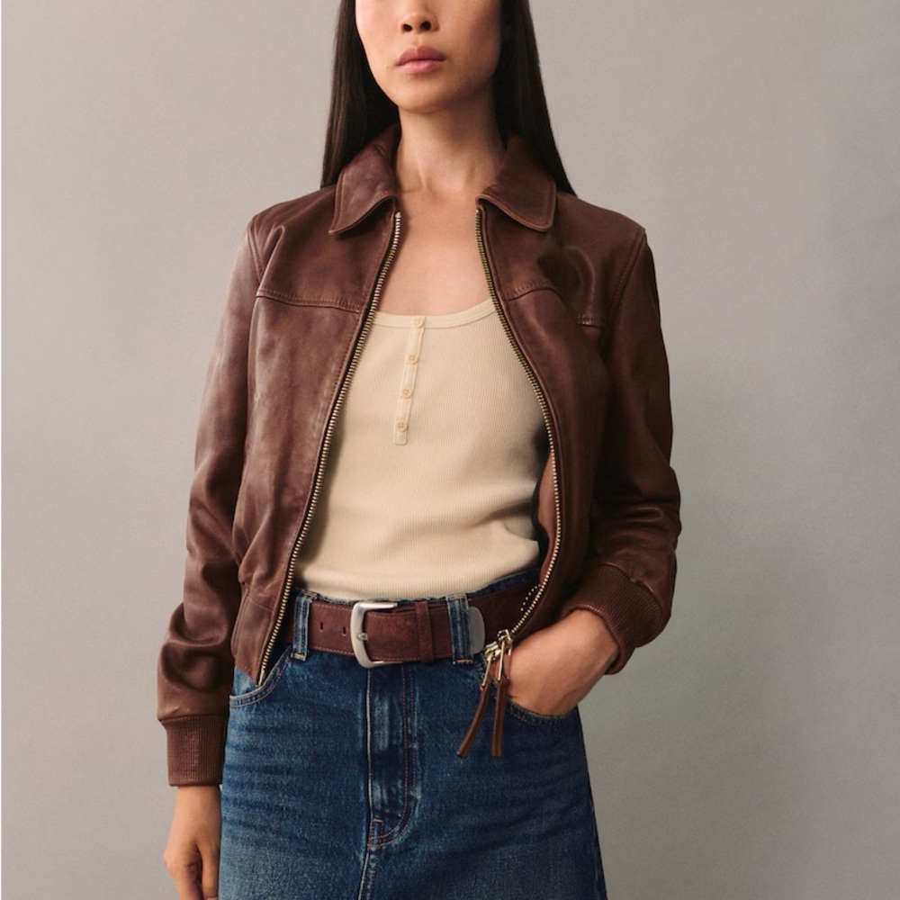Mango Brown Leather Jacket with Relaxed Fit